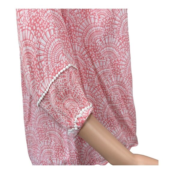 Crown & Ivy Women sz L Petite  Coral Top Blouse Tie Collar Neck Crochet Detail - Picture 8 of 15